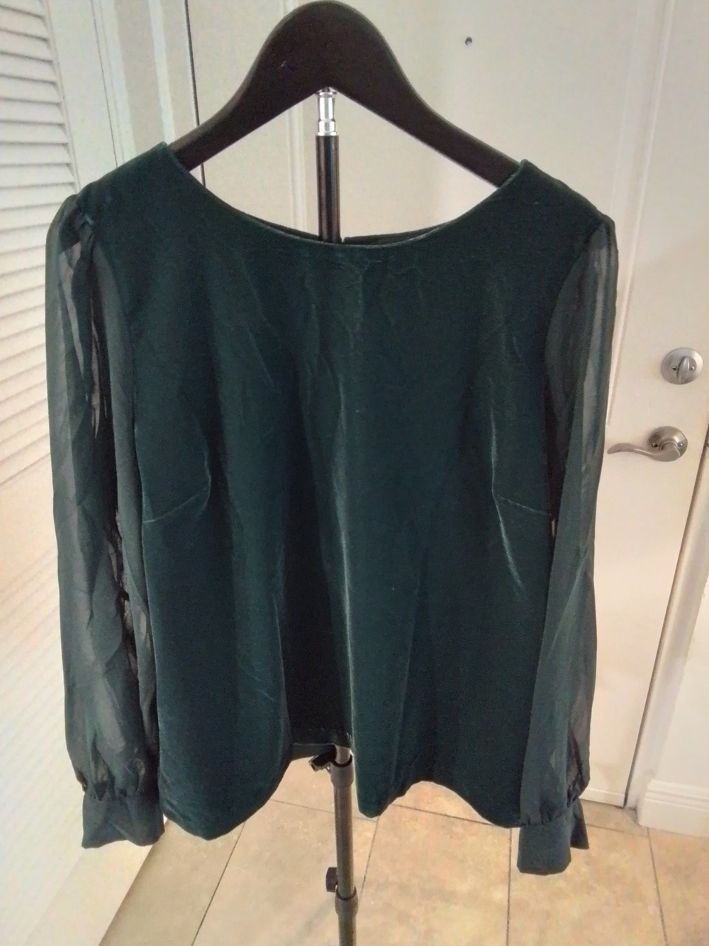 J. Crew Dark Green Sheer-Sleeve Long Sleeve Top